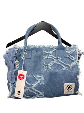 WILDFOX Frayed Patchwork Denim Tote in Blue